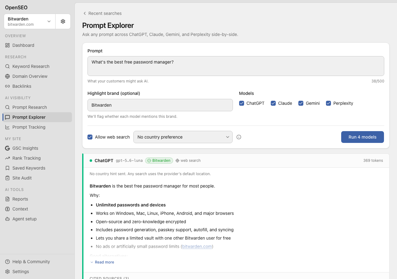 Prompt Explorer running "What's the best free password manager?" across ChatGPT, Claude, Gemini, and Perplexity with web search on and Bitwarden highlighted. The ChatGPT answer carries a Bitwarden badge and opens with "Bitwarden is the best free password manager for most people."